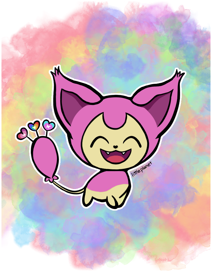 A Skitty smiles at the camera. There is a pastel watercolor background behind her. 