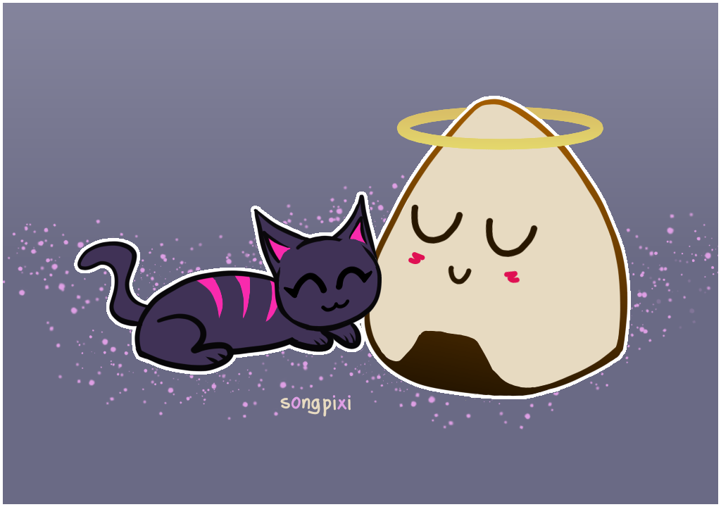A dark purple cat with pink stripes on its back smiles peacefully while sitting next to a cream colored onigiri who wears a halo.